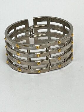 Two Tone Silver Gold Studded Cuff Bracelet Modern Cage Architectural Retro Chic